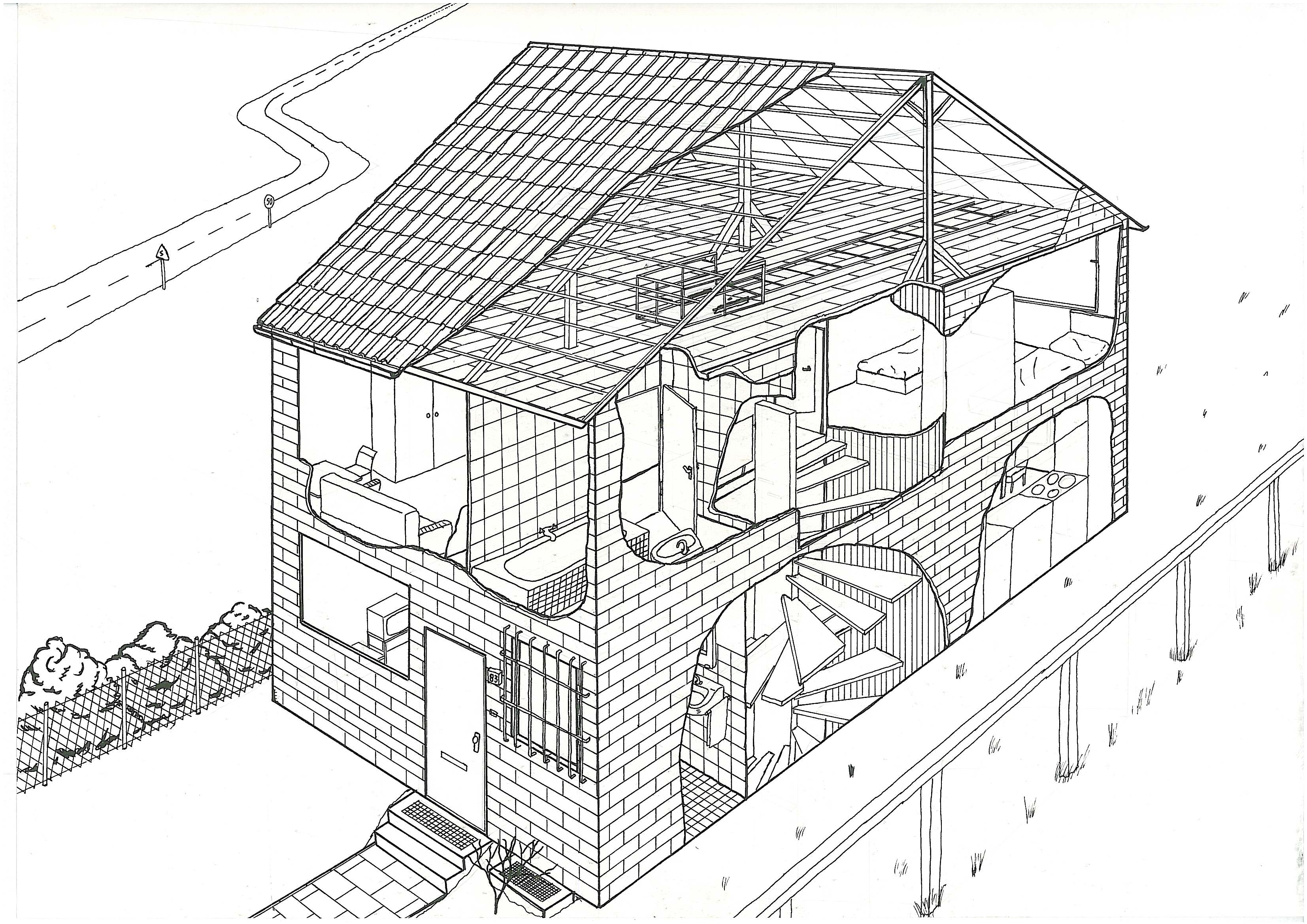 Federzeichnung eines Hauses mit Aufriss
