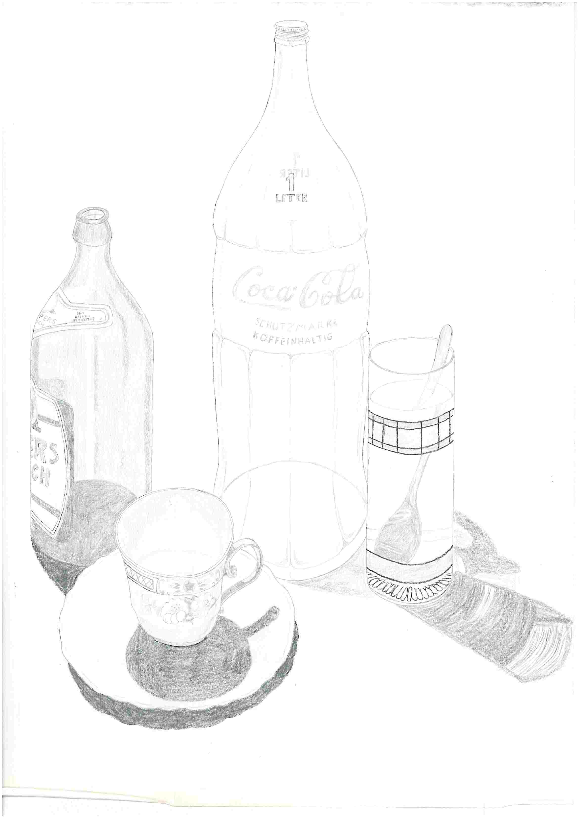 Stilleben Flaschen und Gläser: Bleistift auf Papier